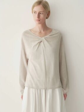 Twist Front Long Sleeve Women’s Sweater - Cream/Gray